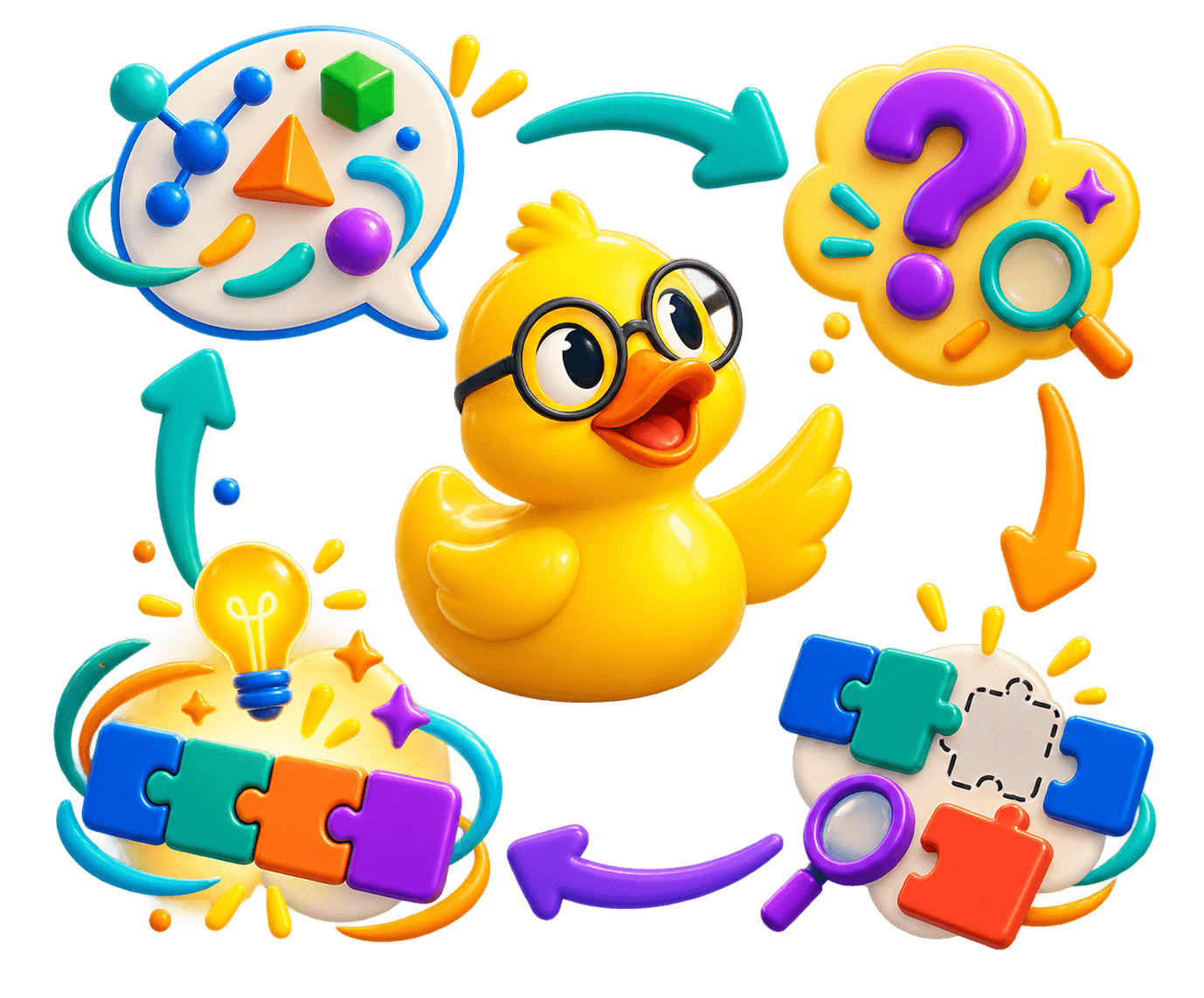 A learner’s duck guiding a four-step learning loop from explaining, to questioning, finding a gap, and connecting the idea