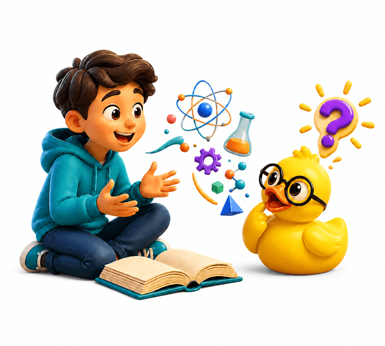 A child explaining science ideas aloud while their duck listens and asks a curious question