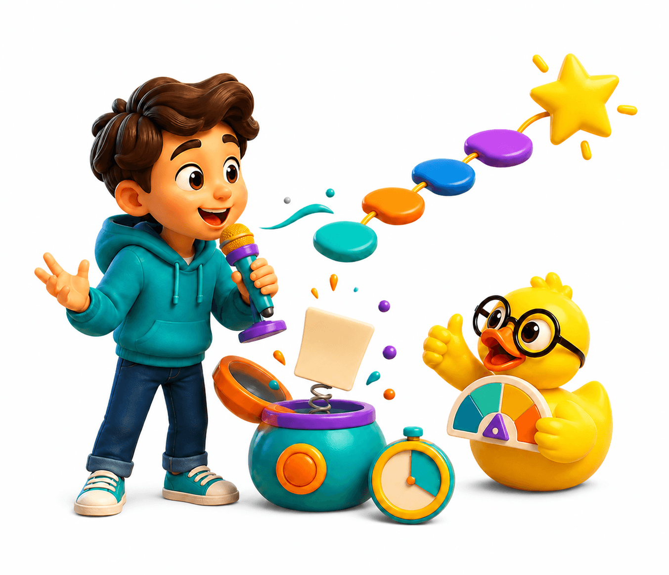 A child confidently answering a surprise speaking prompt while their duck gives encouraging feedback